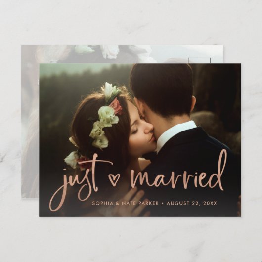 2枚の写真 | フェイクバラ金ゴールドハートたった今結婚しました 案内ポストカード (正面/裏面)