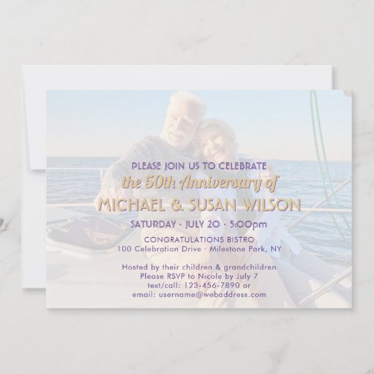 2枚の写真(任意年)記念応援紫と金ゴールド 招待状 (裏面)