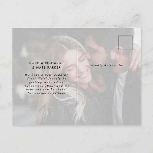 2枚の写真 |白いハートとスクリプト日付の変更 案内ポストカード (裏面)