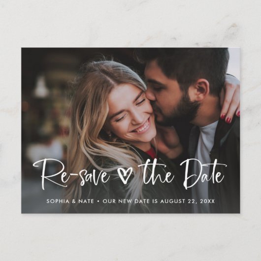 2枚の写真 | 白いハートと手書きの日付変更 案内ポストカード (正面)