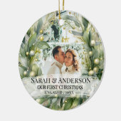 2枚の写真 私たちの初めてのクリスマス 婚約 Zengaged セラミックオーナメント (左)