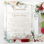 2枚の写真 赤い芍薬の花 Mis Quince Años トリフォールド招待状 三つ折り招待状 (内部最初)