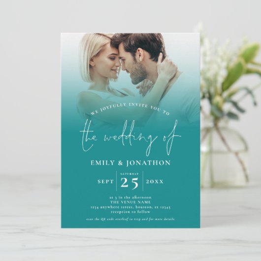 2枚の写真QR宝石トーンターコイズパープル結婚ズ 招待状 (スタンド正面)
