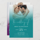 2枚の写真QR宝石トーンターコイズパープル結婚ズ 招待状 (正面/裏面)