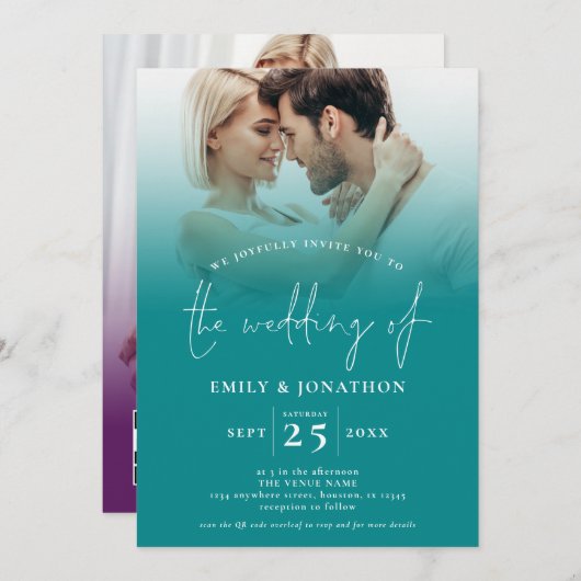 2枚の写真QR宝石トーンターコイズパープル結婚ズ 招待状 (正面/裏面)