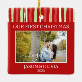 2枚の初めてのクリスマスを一緒に赤い緑ストライプ色 セラミックオーナメント