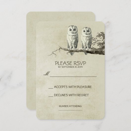2枚の愛らしいフクロウ素朴ズWOODLAND RSVPカード (正面/裏面)
