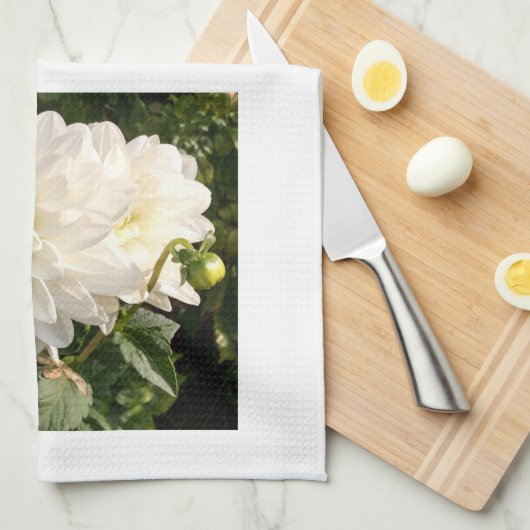 2枚の白いダーリアのエレガントキッチンタオル キッチンタオル (四つ折り)