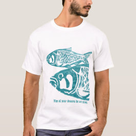 2枚の青い魚のLinoのブロックプリントのTシャツ Tシャツ