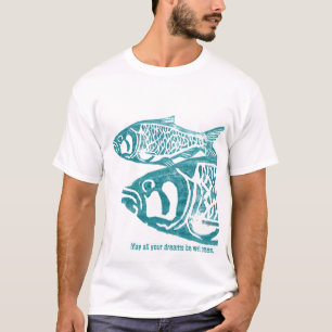 2枚の青い魚のLinoのブロックプリントのTシャツ Tシャツ