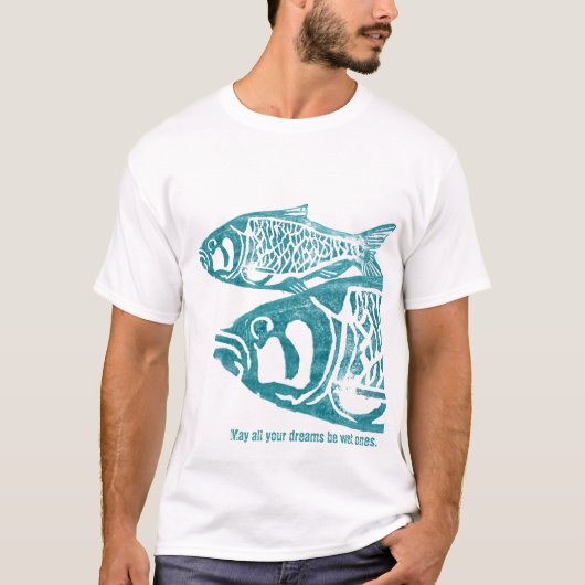 2枚の青い魚のLinoのブロックプリントのTシャツ Tシャツ (正面)