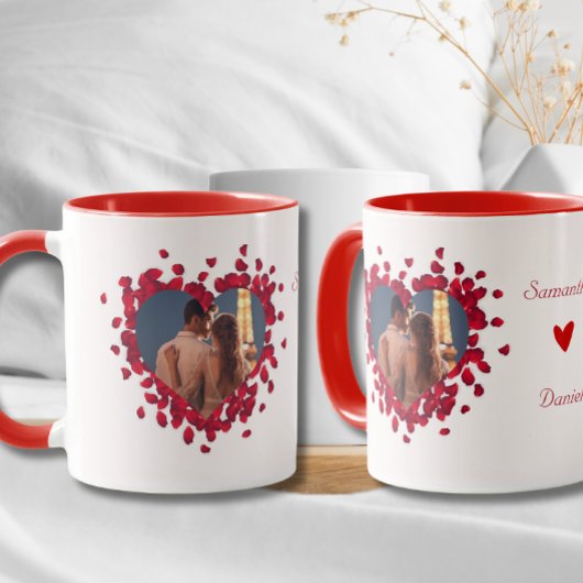 2枚カスタマイズの写真コラージュマグハートバラ花びら マグカップ