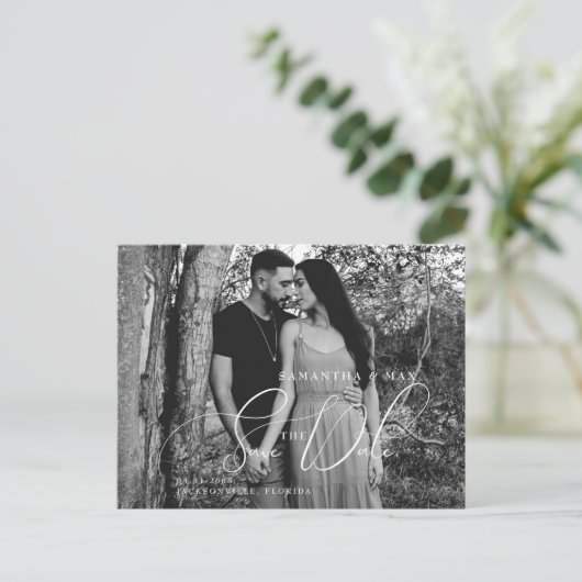 2枚シンプルのB/W写真エレガント日付の保存 案内ポストカード (スタンド正面)