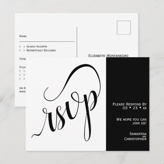2枚パネルモダンな黒と白の結婚式RSVP ポストカード (正面/裏面)