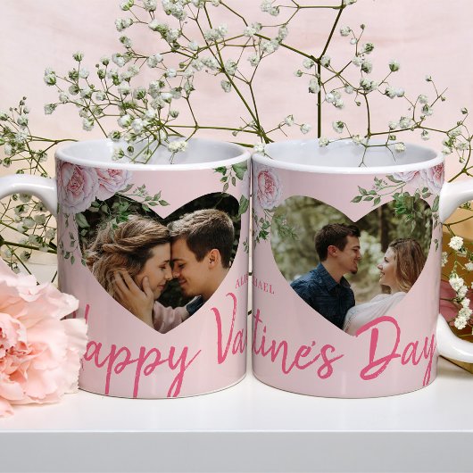 2枚パーソナライズされたの写真ハートピンクのバラのバレンタイン コーヒーマグカップ