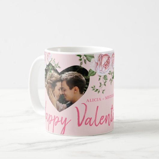 2枚パーソナライズされたの写真ハートピンクのバラのバレンタイン コーヒーマグカップ (正面左)
