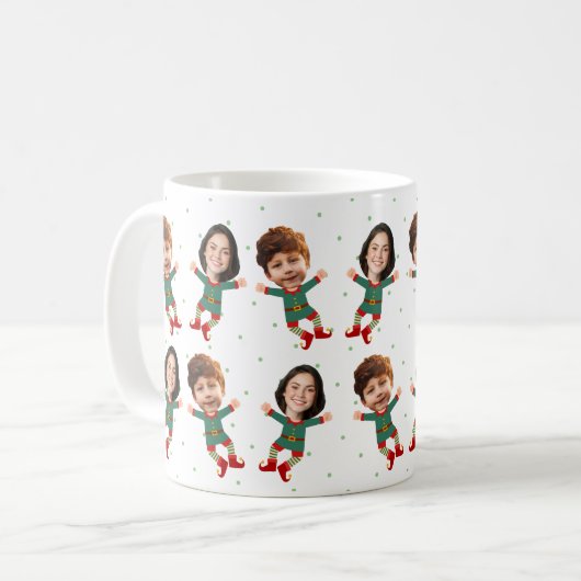 2枚パーソナライズされたの写真顔おもしろいクリスマス小妖精や小人kid コーヒーマグカップ (正面左)