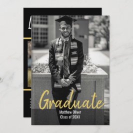 2枚モダンのフォトブラック&金ゴールドの卒業 招待状