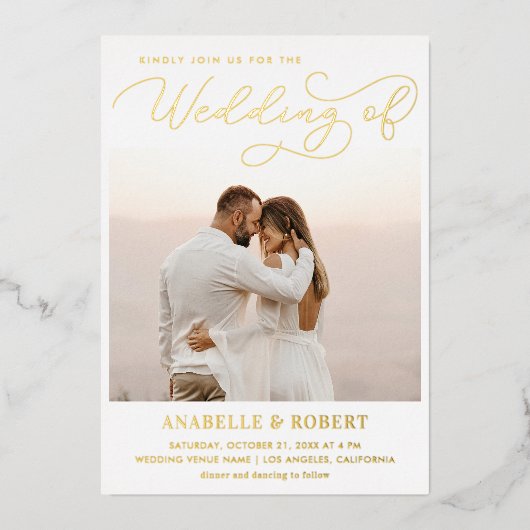 2枚モダンの写真とシックなスクリプトQRコー結婚ドの実在s 箔招待状 (正面)