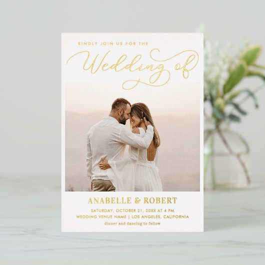 2枚モダンの写真とシックなスクリプトQRコー結婚ドの実在s 箔招待状 (立ち正面)