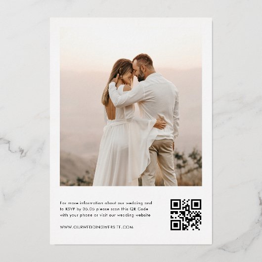 2枚モダンの写真とシックなスクリプトQRコー結婚ドの実在s 箔招待状 (裏面)