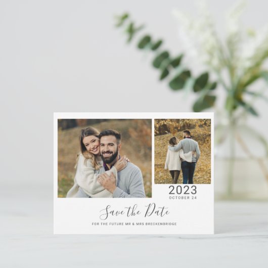 2枚モダンの写真コラージュ日付の保存 案内ポストカード (スタンド正面)