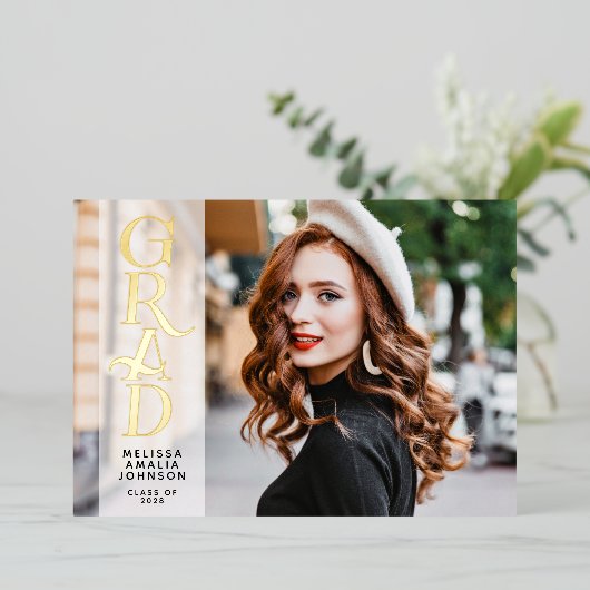2枚モダンの写真実在の卒業表 箔招待状 (立ち正面)