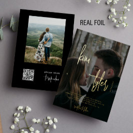 2枚モダンの写真QRコードバラ金ゴールドスクリプ結婚ト 箔招待状