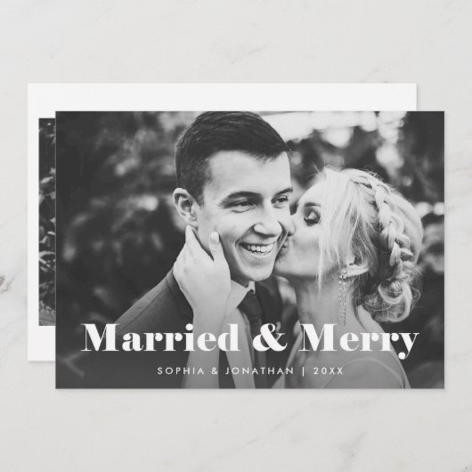 2枚モダンの文字 | 結婚したとメリー シーズンカード (正面/裏面)