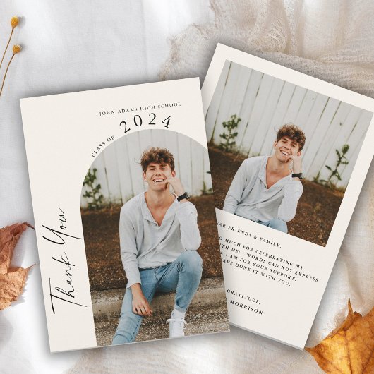 2枚モダンミニマルの写真ベージュ卒業 サンキューカード