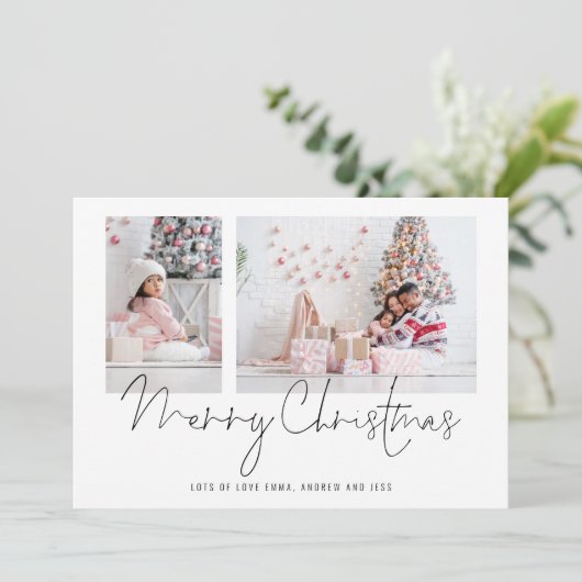 2枚モダン写真ファミリースクリプトメリークリスマス シーズンカード (スタンド正面)