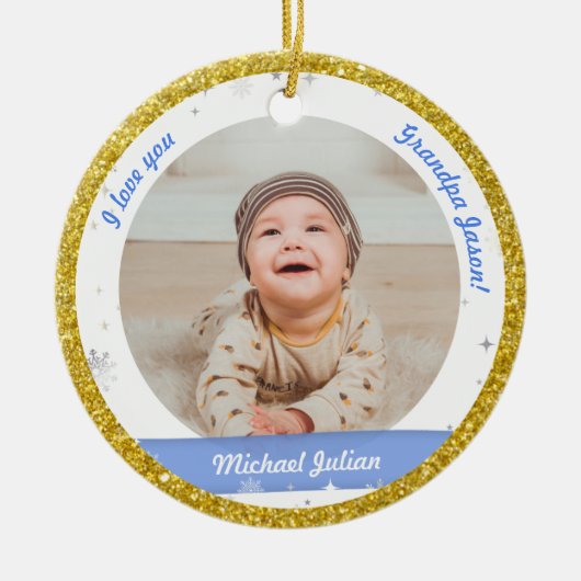 2枚モダン写真男の赤ちゃん初めてのクリスマスおじいちゃん セラミックオーナメント (正面)