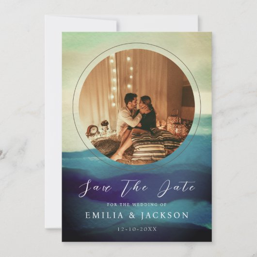 2枚ユニークの写真ネイビーブルー抽象芸術オーバーレイ セーブザデート (正面)