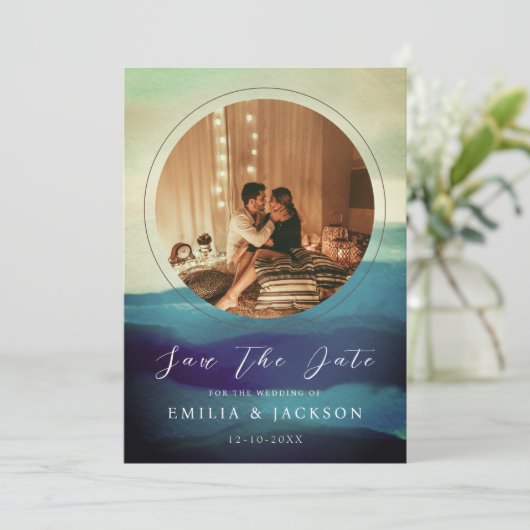 2枚ユニークの写真ネイビーブルー抽象芸術オーバーレイ セーブザデート (スタンド正面)