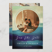 2枚ユニークの写真ネイビーブルー抽象芸術オーバーレイ セーブザデート (正面/裏面)