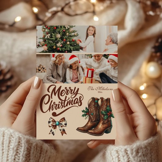 2枚写真のウエスタンボウとブーツのクリスマス シーズンカード