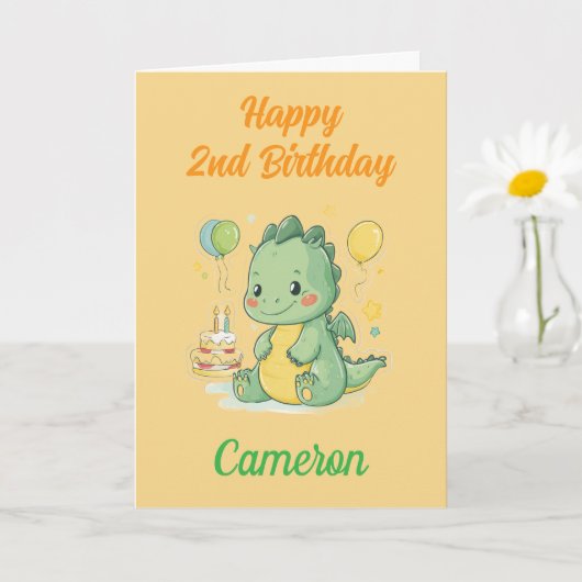 2歳のお誕生日おめでとう ユニセックス 龍のイラスト入り 名前入り カード (小さな植物)