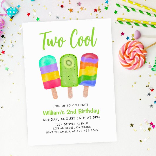 2歳のクールでスウィートなカラフルアイスポップの男の子の誕生日 招待状