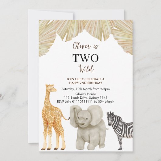 2歳のサファリテーマの誕生日パーティー招待状 TWO WILD 招待状 (正面)