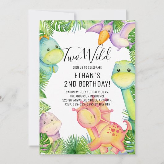 2歳のワイルドすぎる恐竜の誕生日パーティー招待状 招待状 (正面)