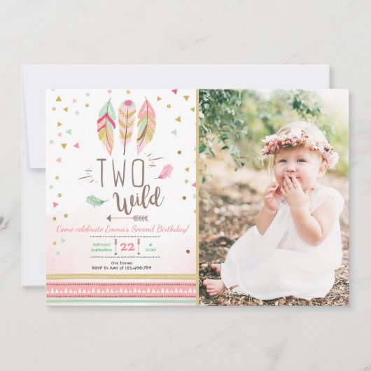2歳のワイルドな誕生日ガール ピンクゴールド 2回目のボヘミアンフィージャーズ 招待状 (正面)