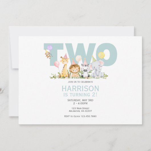 2歳のワイルドサファリ誕生日招待状 - 2歳の誕生日 招待状 (正面)