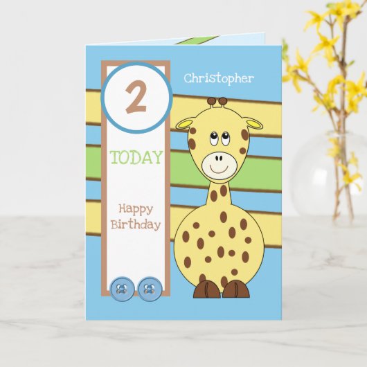 2歳の今日任意の年齢キリン男の子誕生日 カード (黄色い花)