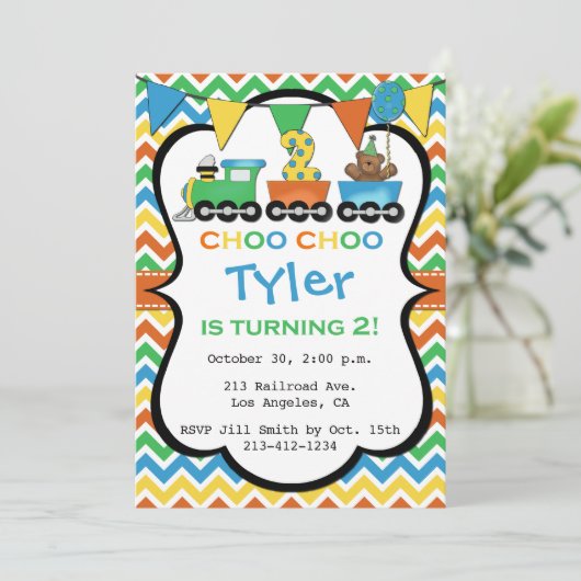 2歳の列車の誕生日パーティーの招待状 招待状 (スタンド正面)