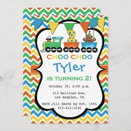 2歳の列車の誕生日パーティーの招待状 招待状 (正面/裏面)