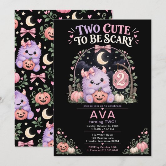 2歳の女の子の可愛いハロウィン誕生日 招待状 (正面/裏面)