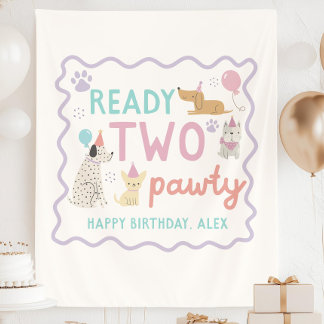 2歳の子犬パーティー誕生日カスタムバナー背景 タペストリー