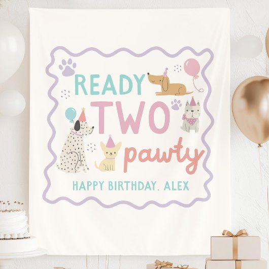 2歳の子犬パーティー誕生日カスタムバナー背景 タペストリー