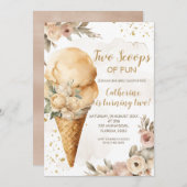 2歳の楽しい2杯のベージュの花の誕生日パーティー 招待状 (正面/裏面)