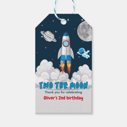 2歳の誕生日おめでとうムーンボーイ宇宙ロケット ギフトタグ (正面)